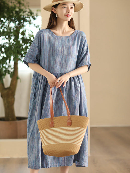 Women Summer Artsy Stripe Loose Linen Dress