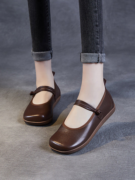 Women Casual Solid Leather Square Toe Flat Shoes