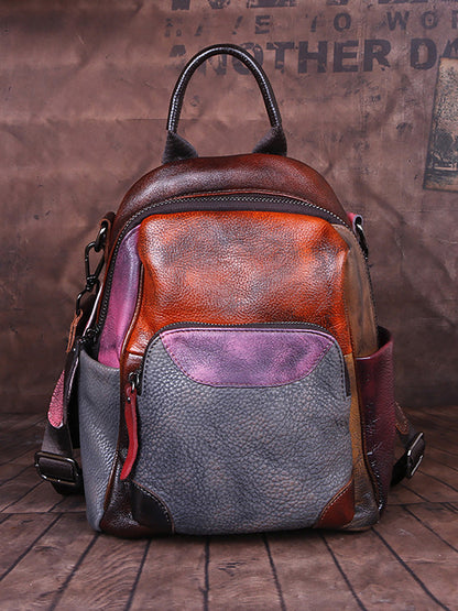 Women Colorblock Hand Painted Outdoor Leather Backpack