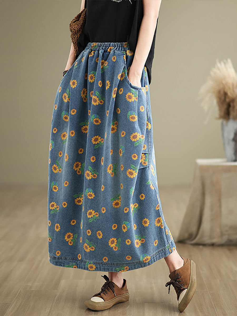 Women Casual Summer Sunflower Print Loose Skirt