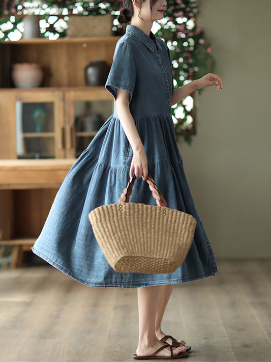 Women Summer Casual Solid Button-up Pleated Dress