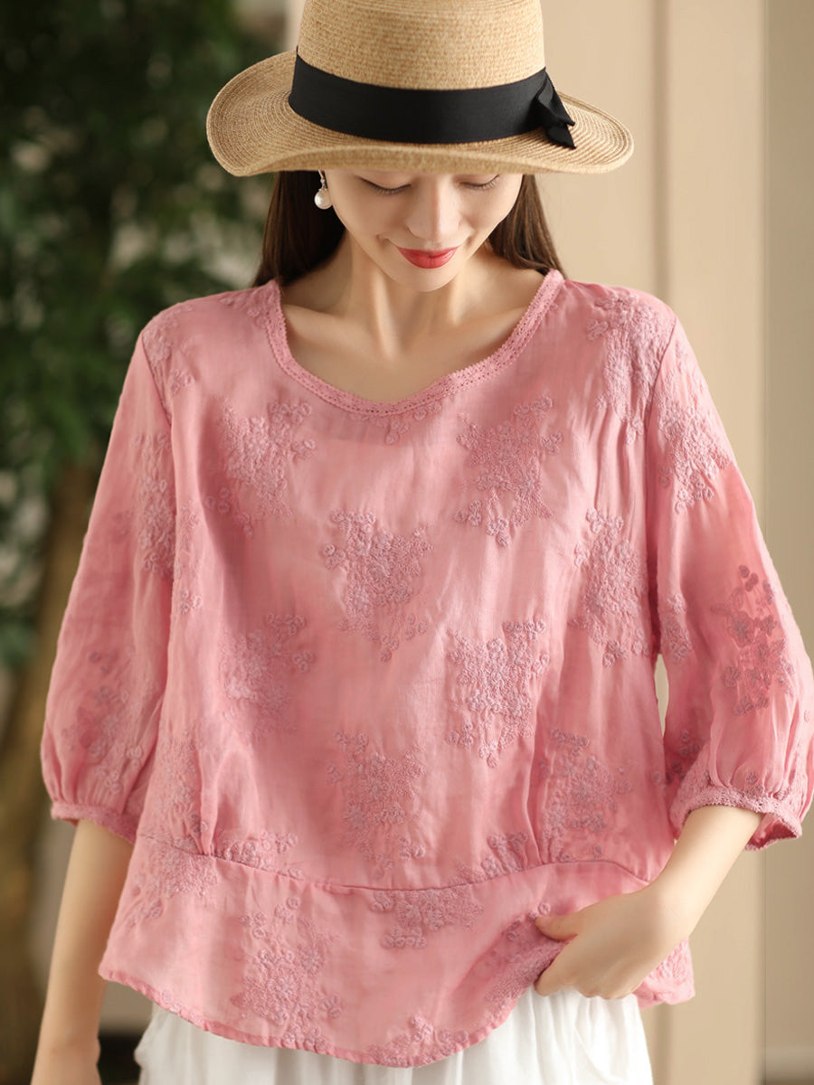 Women Artsy Floral Embroidery Spliced Ramie Shirt