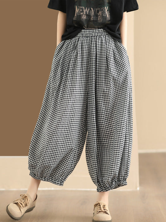 Women Summer Vintage Plaid Cotton Harem Pants