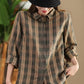 Women Autumn Vintage Plaid Button-up Linen Blouse