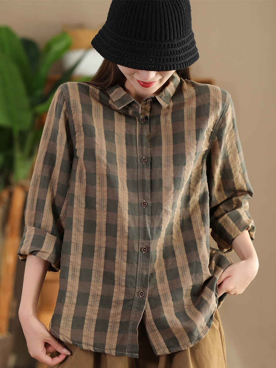 Women Autumn Vintage Plaid Button-up Linen Blouse