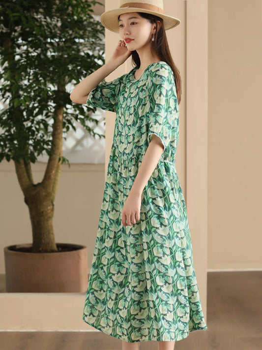 Women Summer Artsy Flower Print Strap Loose Dress