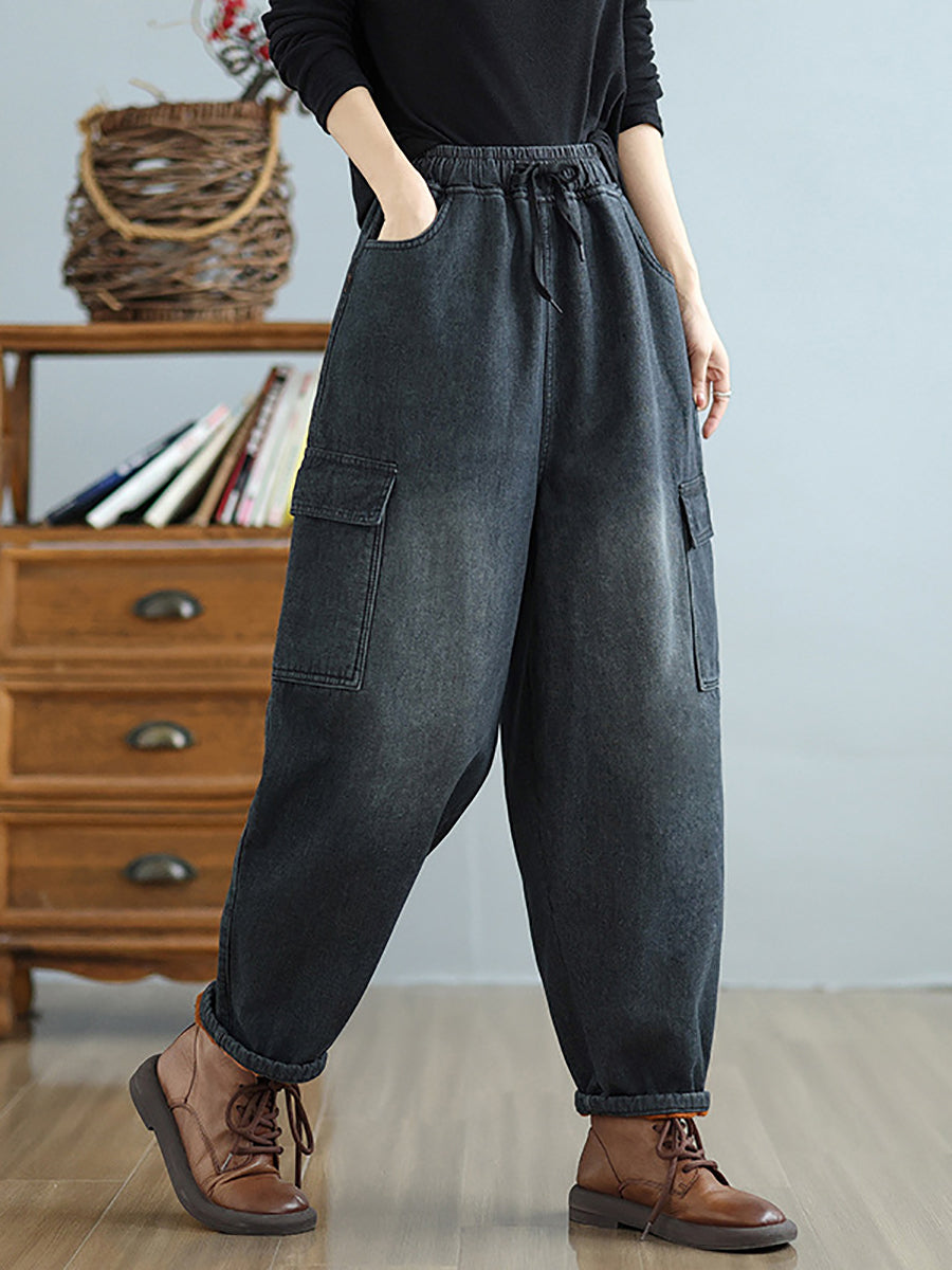 Women Winter Casual Fleece-lined Denim Harem Pants