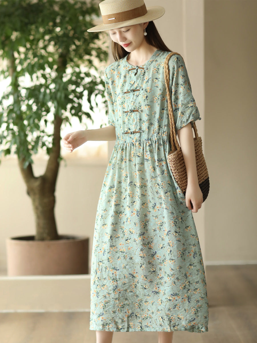 Women Summer Artsy Floral Button O-Neck Dress