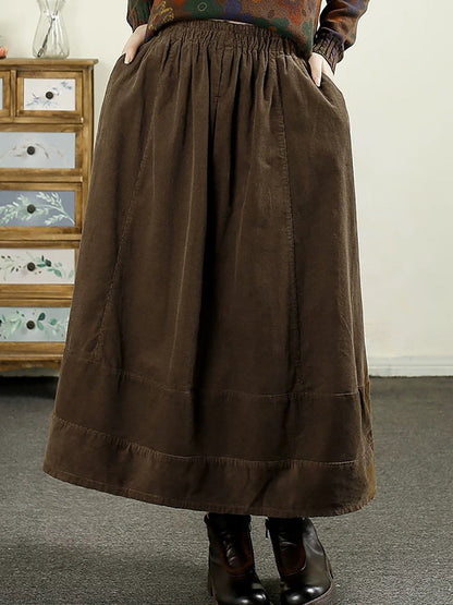 Women Vintage Autumn Solid Spliced Cotton Skirt