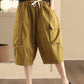 Women Summer Casual Solid Pocket Loose Cotton Fifth Pants