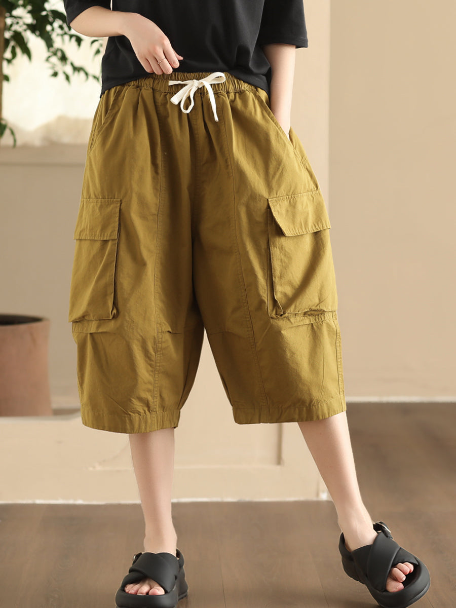 Women Summer Casual Solid Pocket Loose Cotton Fifth Pants