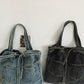 Women Vintage Solid Pocket Denim Handbag Shoulder Bag