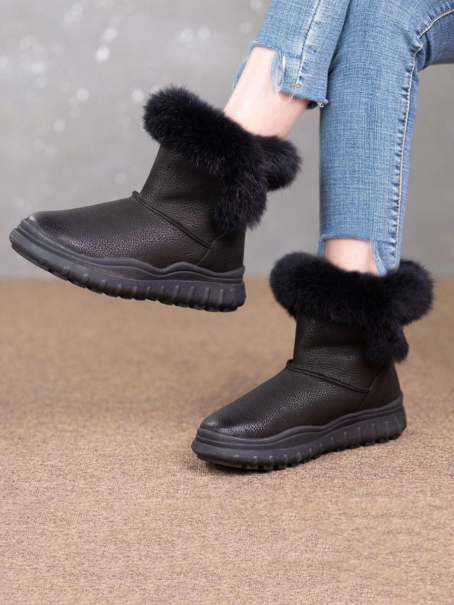 Women Solid Leather Plush Spliced Winter Boots