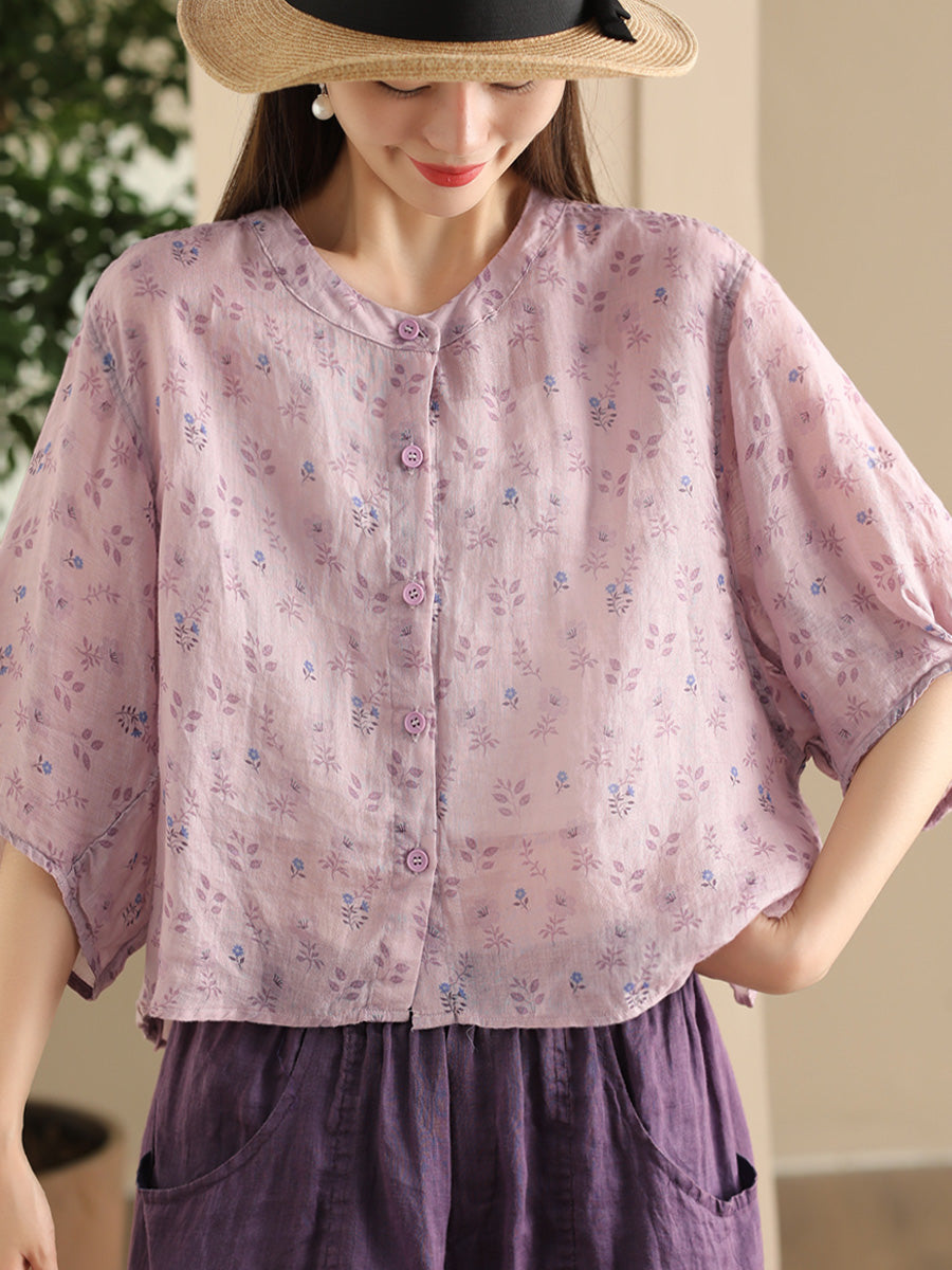 Women Summer Artsy Floral O-Neck Thin Shirt