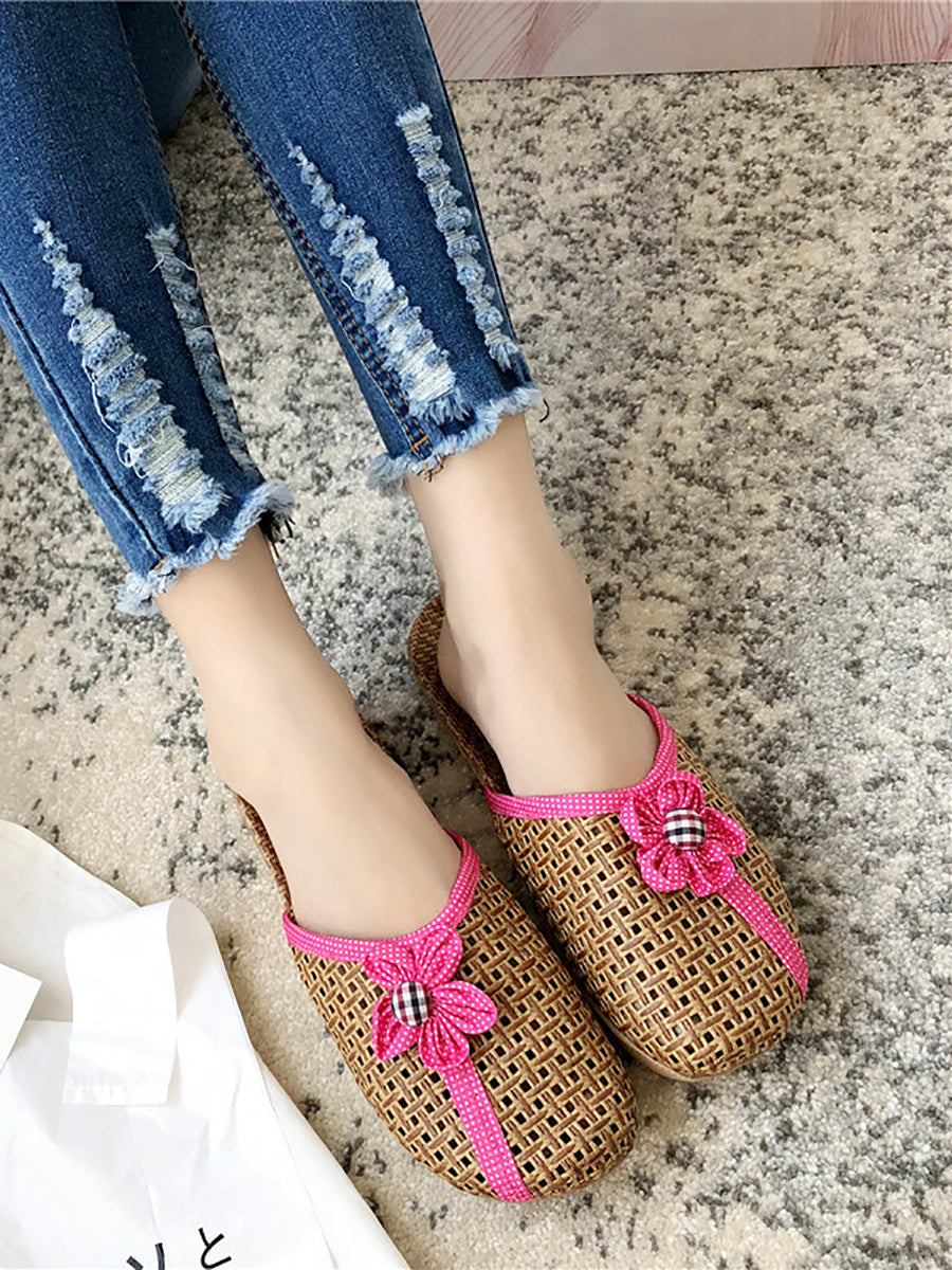 Couple Summer Straw Weave Flower Indoor Flat Slippers