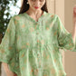 Women Summer Artsy Floral Strap Button Ramie Shirt