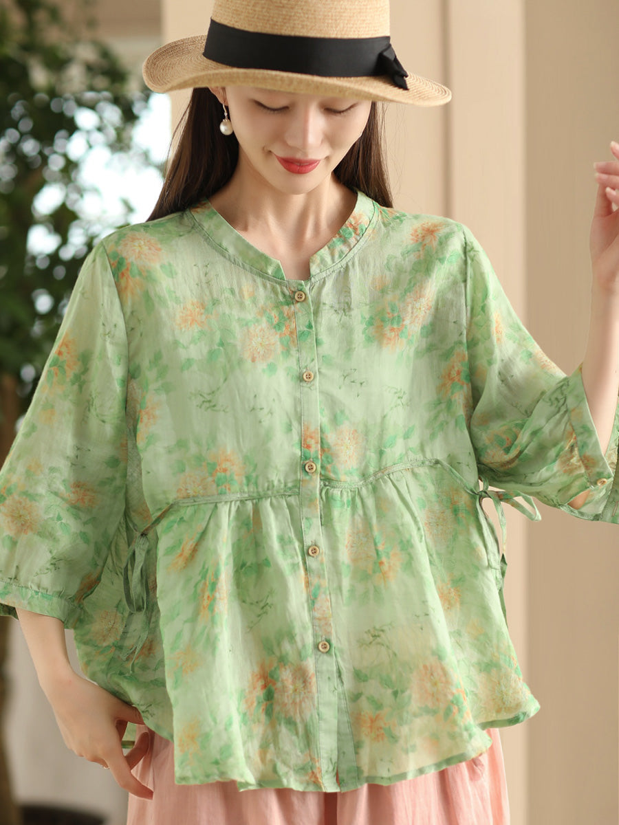 Women Summer Artsy Floral Strap Button Ramie Shirt