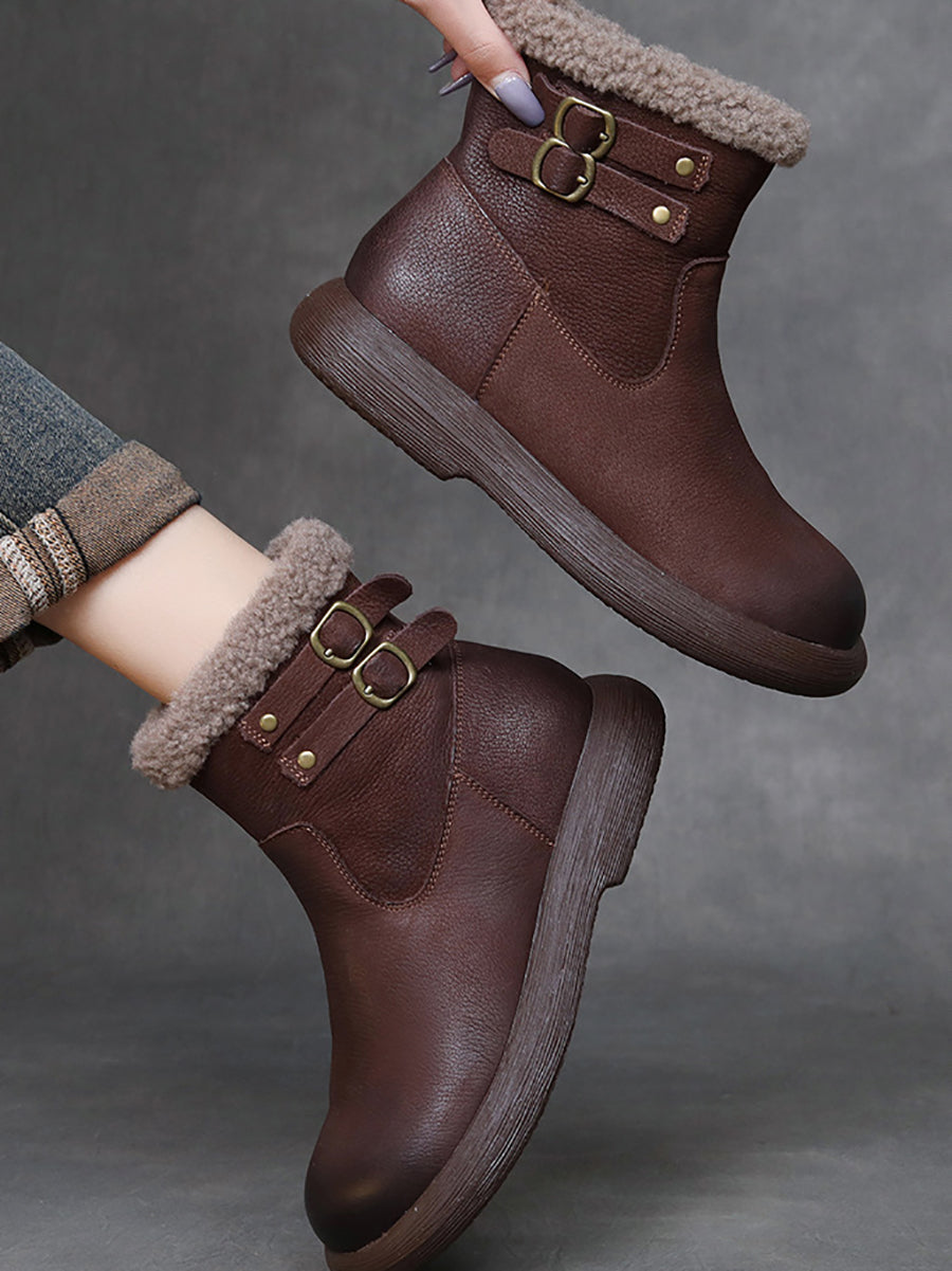 Women Winter Vintage Genuine Leather Fleece-lined Boots