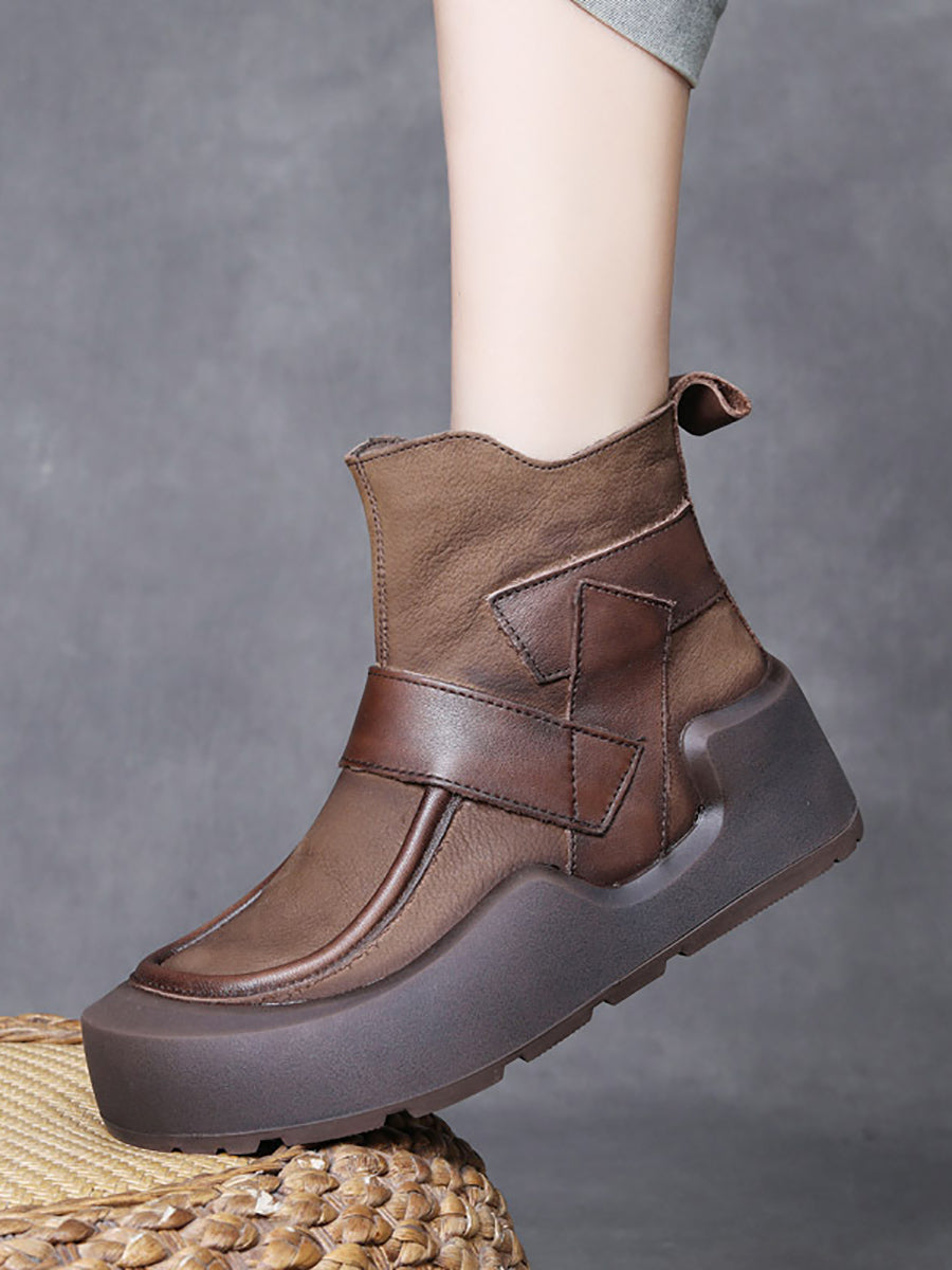 Women Vintage Genuine Leather Spliced Platform Boots