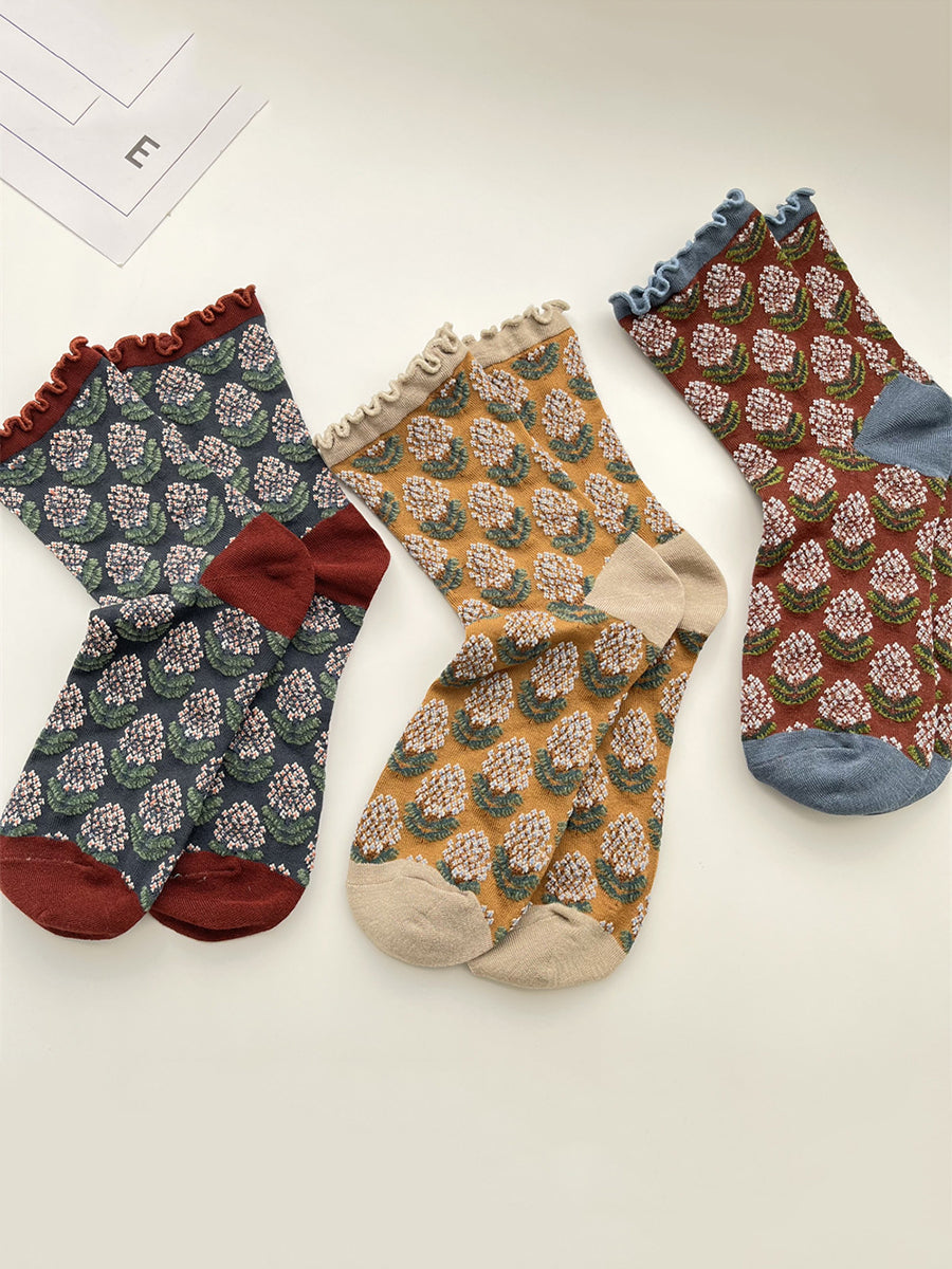 3 Pairs Women Autumn Artsy Flower Jacquard Socks