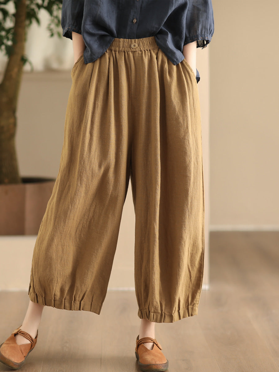 Women Summer Vintage Solid Linen Wide-leg Pants