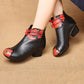 Women Retro Genuine Leather Flower Spliced Chunky Heel Boots