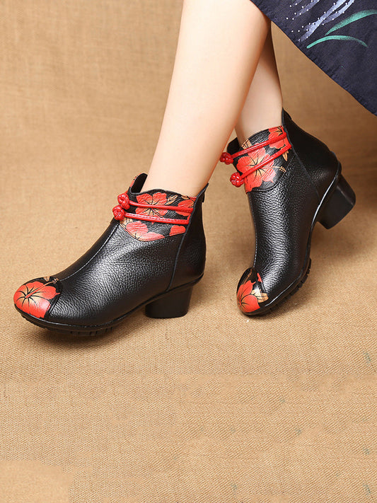 Women Retro Genuine Leather Flower Spliced Chunky Heel Boots