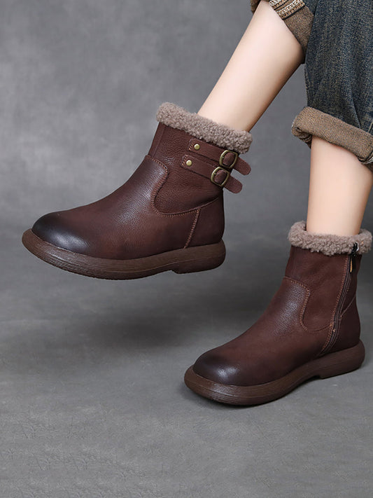 Women Winter Vintage Genuine Leather Fleece-lined Boots