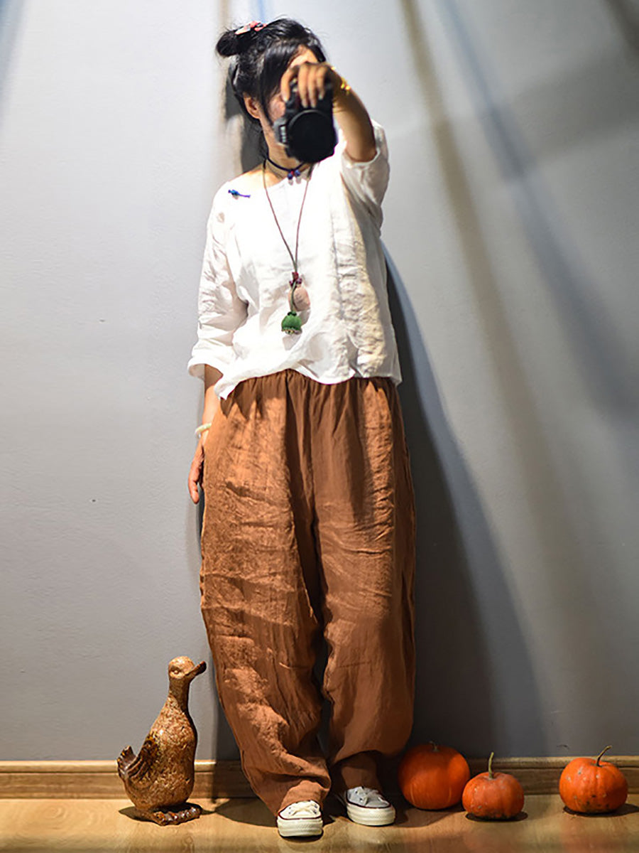 Women Vintage Spring Linen Solid Harem Pants