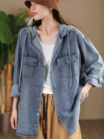 Women Casual Solid Autumn Pocket Denim Hooded Coat