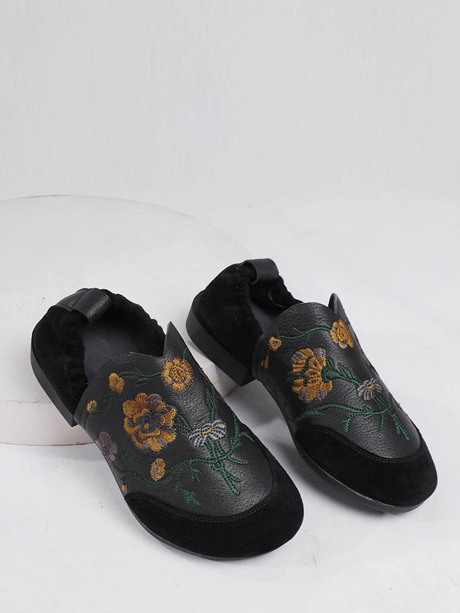 Women Ethnic Autumn Embroidery Leather Low Heel Shoes