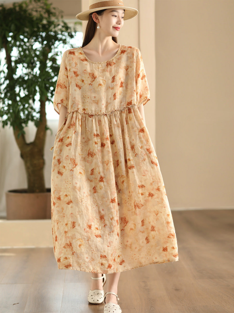 Women Summer Artsy Flower O-Neck Ramie Dress