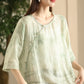 Women Ethnic Print Summer O-Neck Ramie Shirt