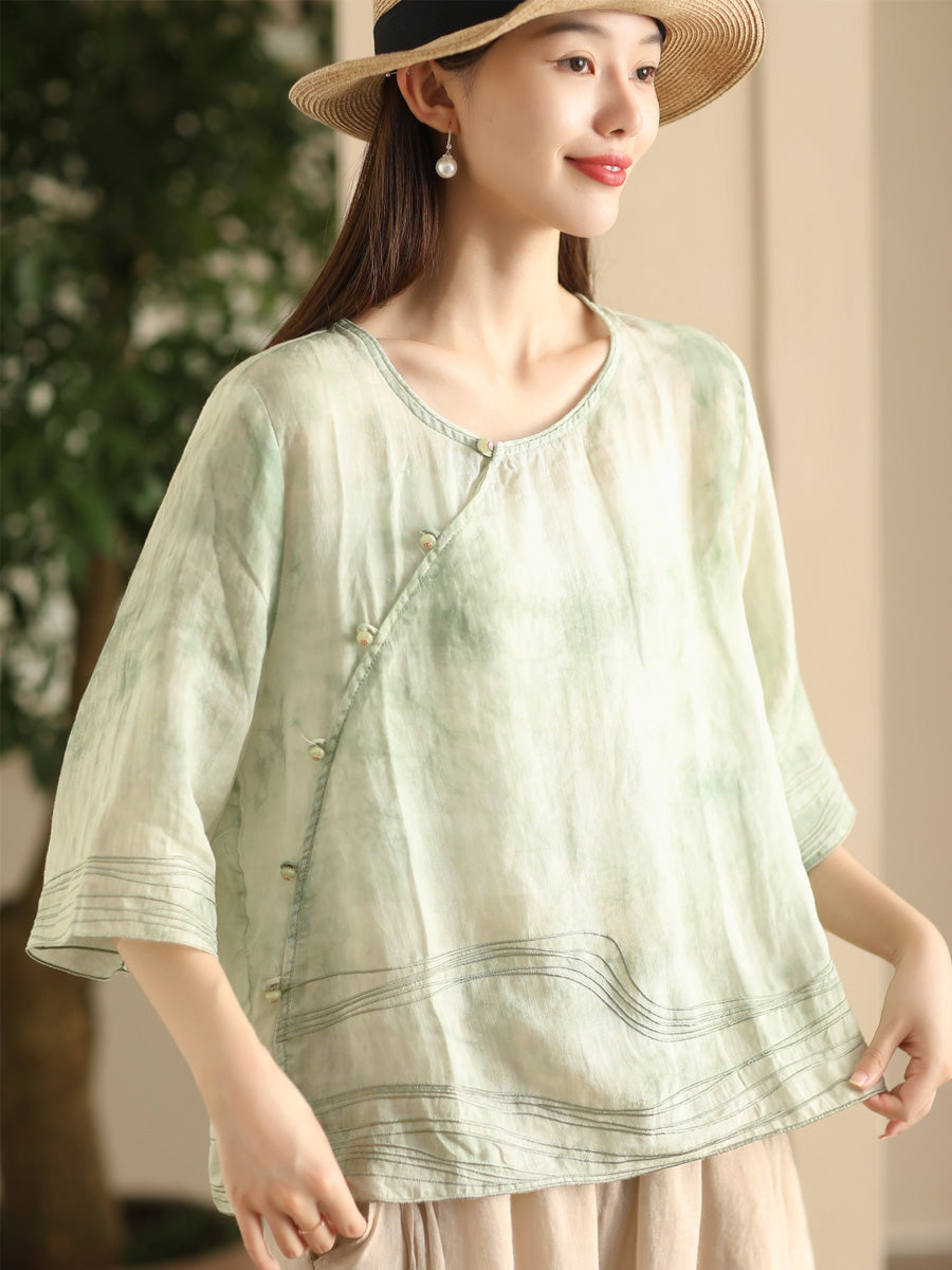 Women Ethnic Print Summer O-Neck Ramie Shirt