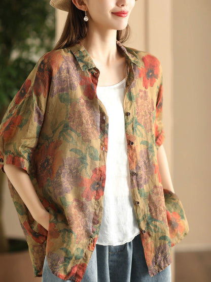 Women Summer Vintage Flower Patch Spliced Ramie Shirt