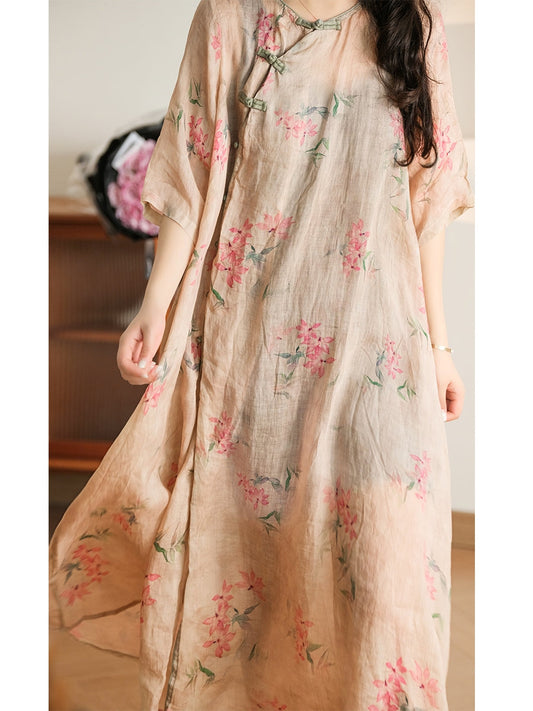 Women Summer Ethnic Floral Buckle Spliced Ramie Dress