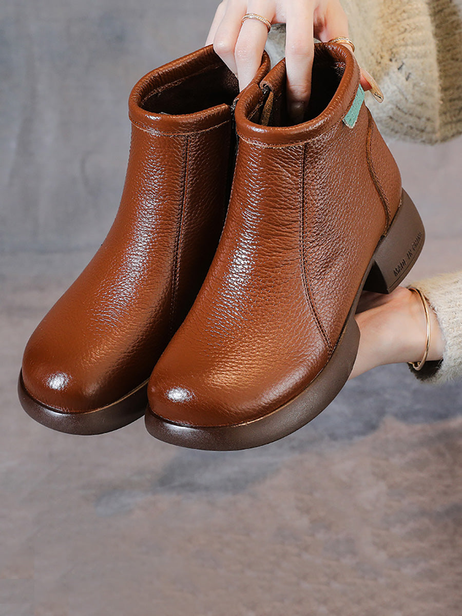 Women Vintage Commute Leather Zipper Mid-Heel Boots