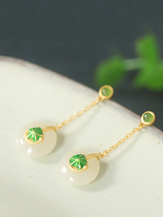 Women Ethnic S925Sliver Gold Plating Jade Pendant Earrings