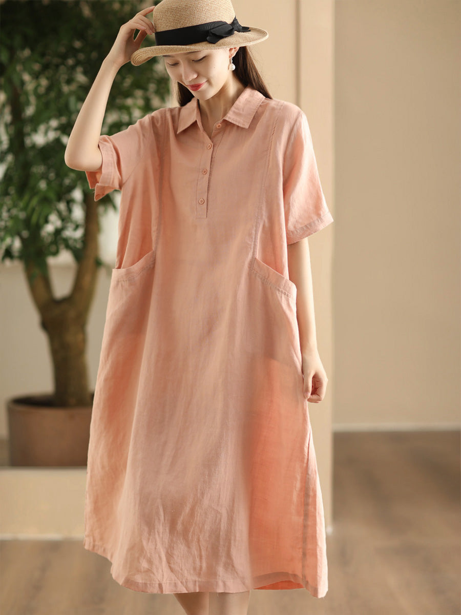 Women Summer Casual Solid Loose Polo Collar Linen Dress