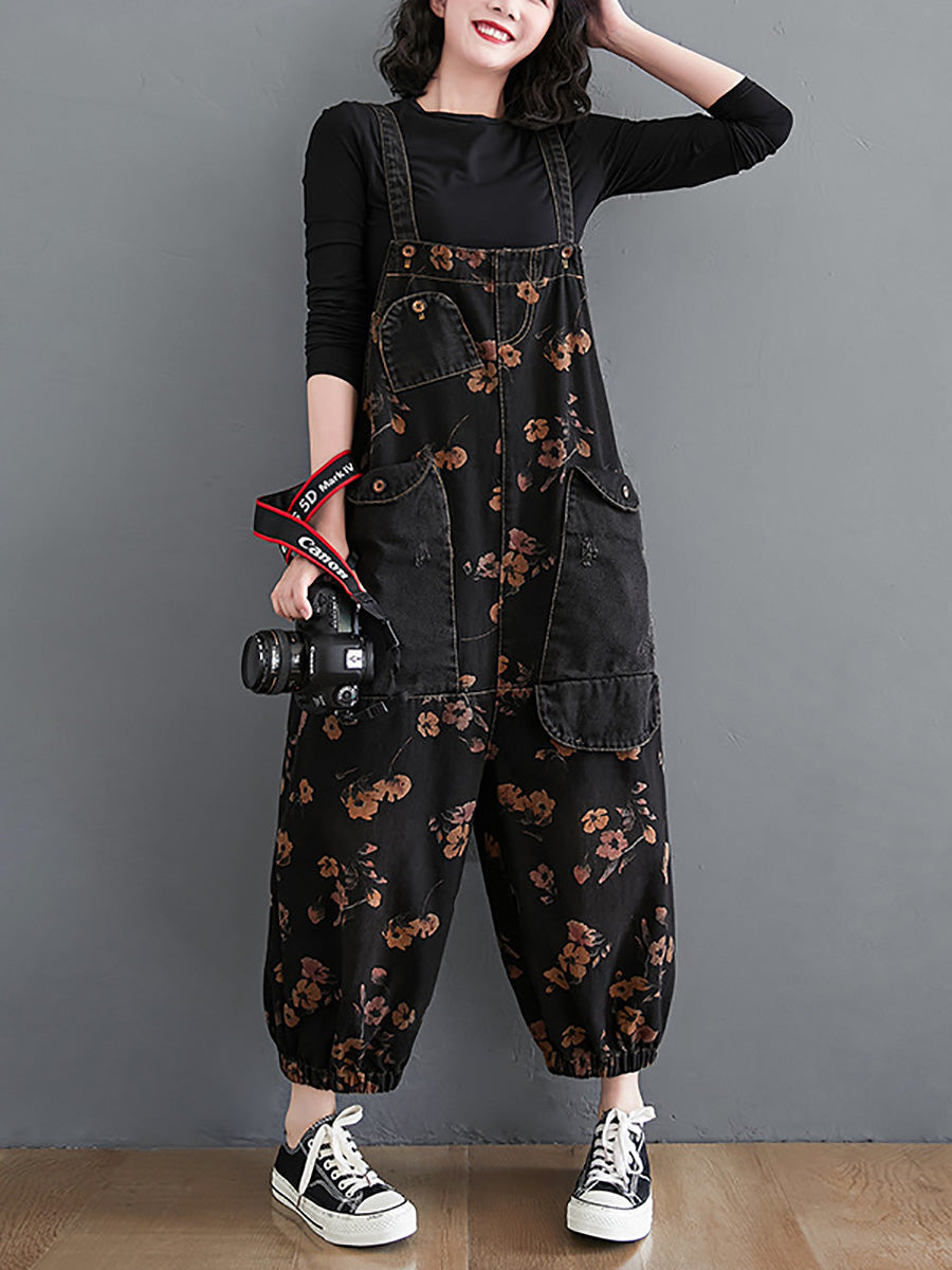 Women Autumn Worn Flower Patchwork Loose Denim Jumpsuits