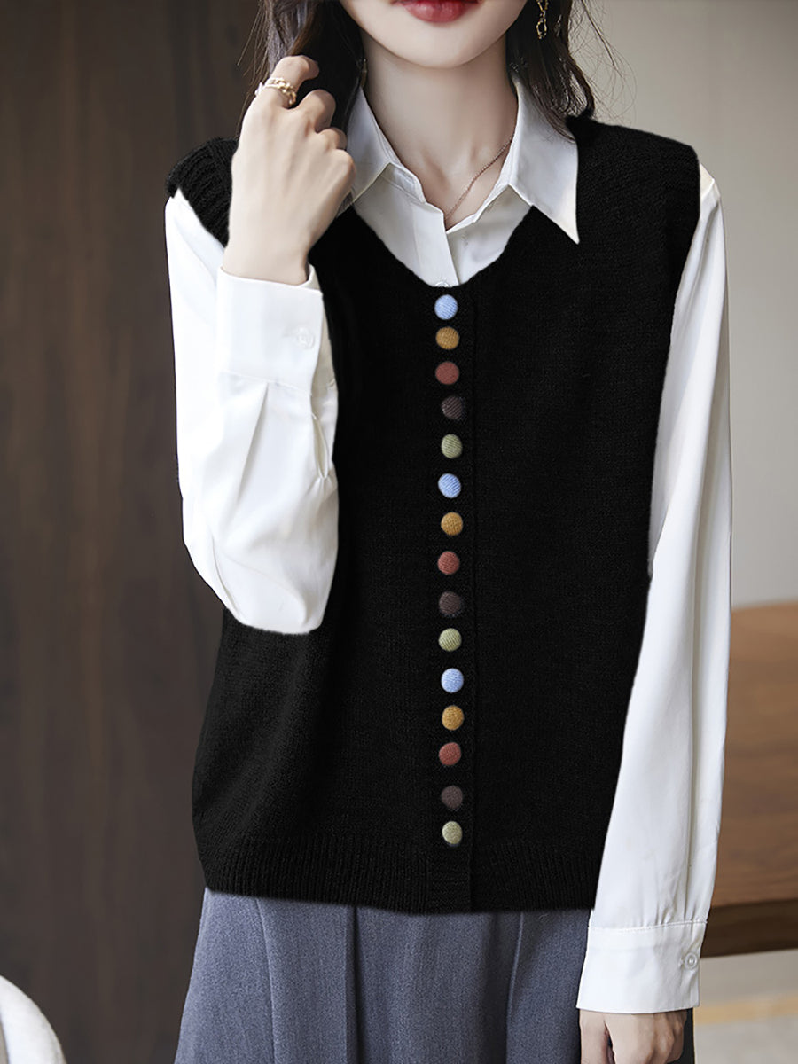 Women Casual Autumn Wool O-Neck Colorful Button Knit Vest