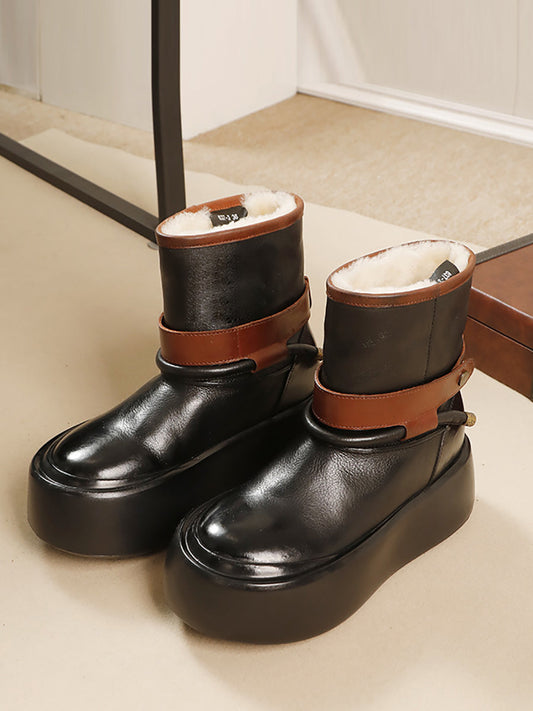 Women Vintage Colorblock Leather Platform Snow Boots