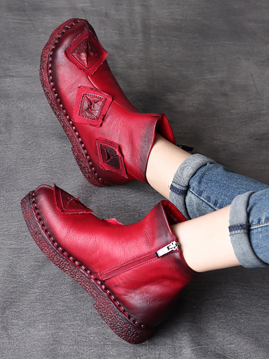 Women Vintage Leather Patch Spliced Ankle Boots