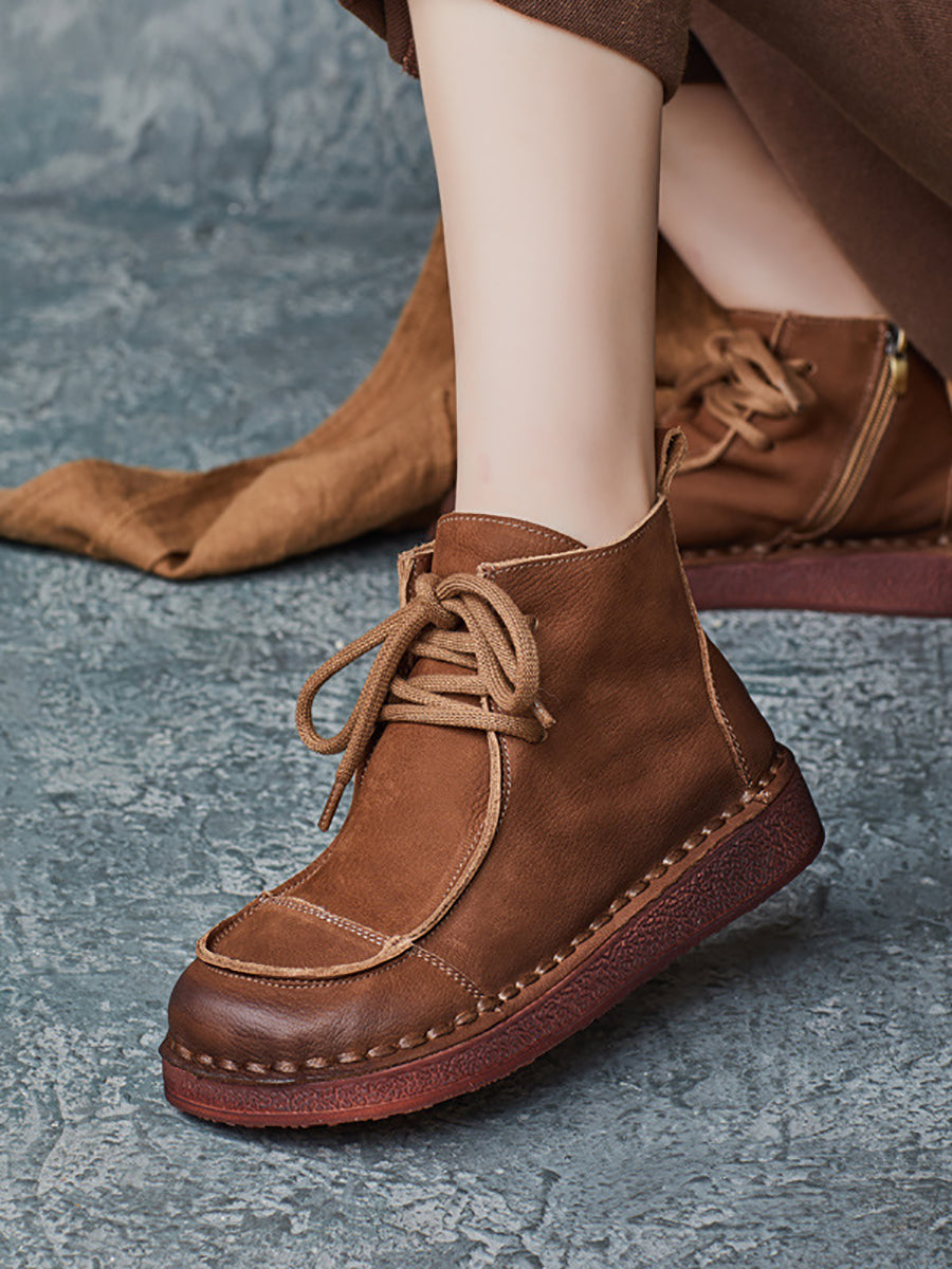 Women Winter Retro Leather Spliced Flat Boots