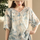 Women Summer Artsy Flower V-Neck Thin Ramie Shirt