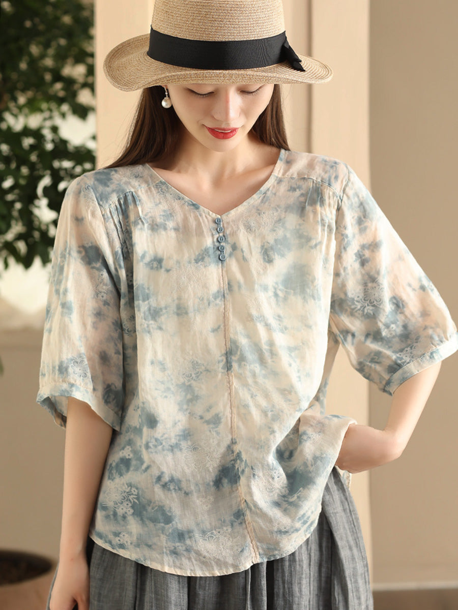 Women Summer Artsy Flower V-Neck Thin Ramie Shirt