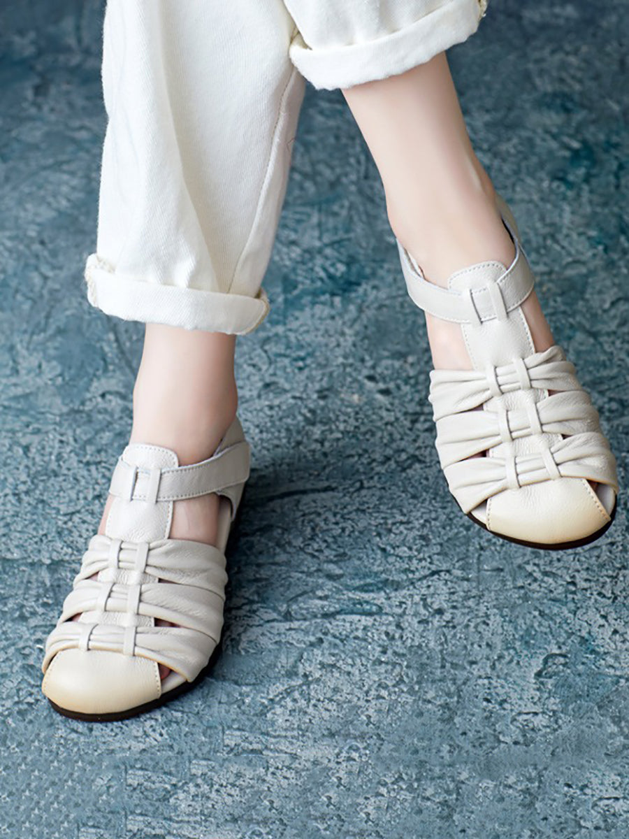 Women Summer Vintage Leather Spliced Falt Sandals