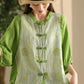 Women Summer Vintage Flower Spliced Button-up Ramie Shirt