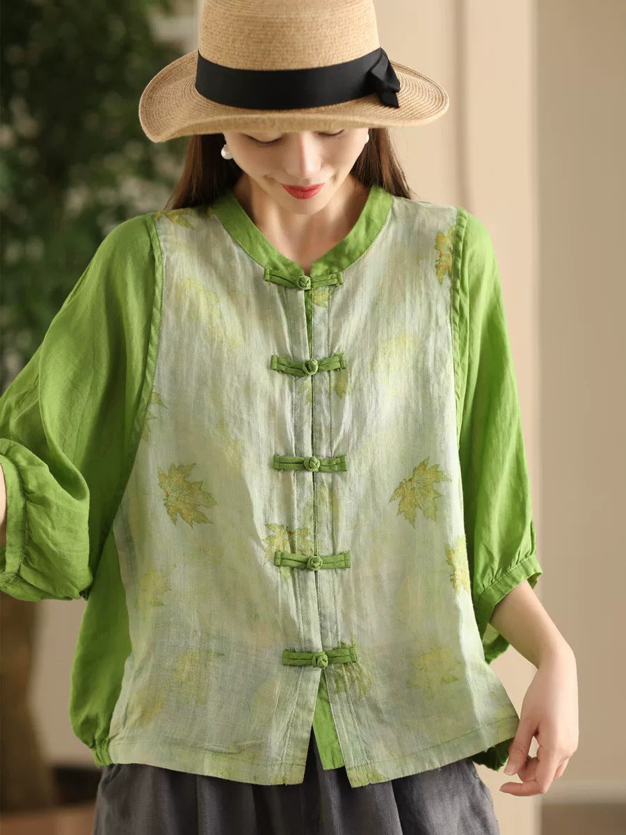 Women Summer Vintage Flower Spliced Button-up Ramie Shirt