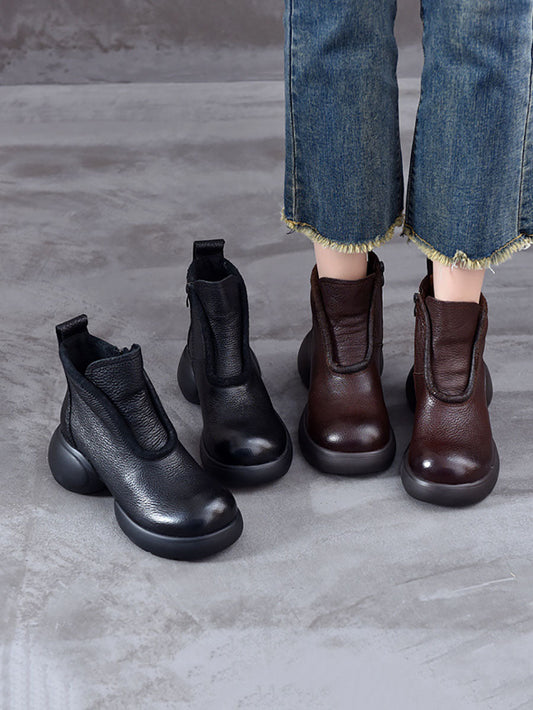 Women Winter Casual Solid Leather Zipper Platform Boots